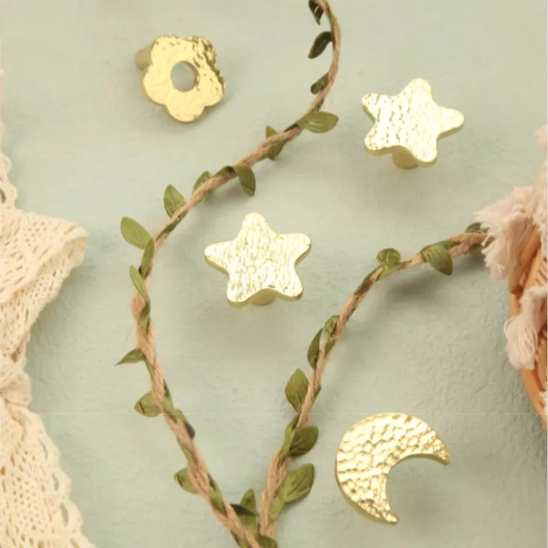 Solid Brass Hammer Cabinet Handles for Children's Room Cute Stars Moon and Flower Drawer Knobs for Kids Gold Wardrobe Pulls