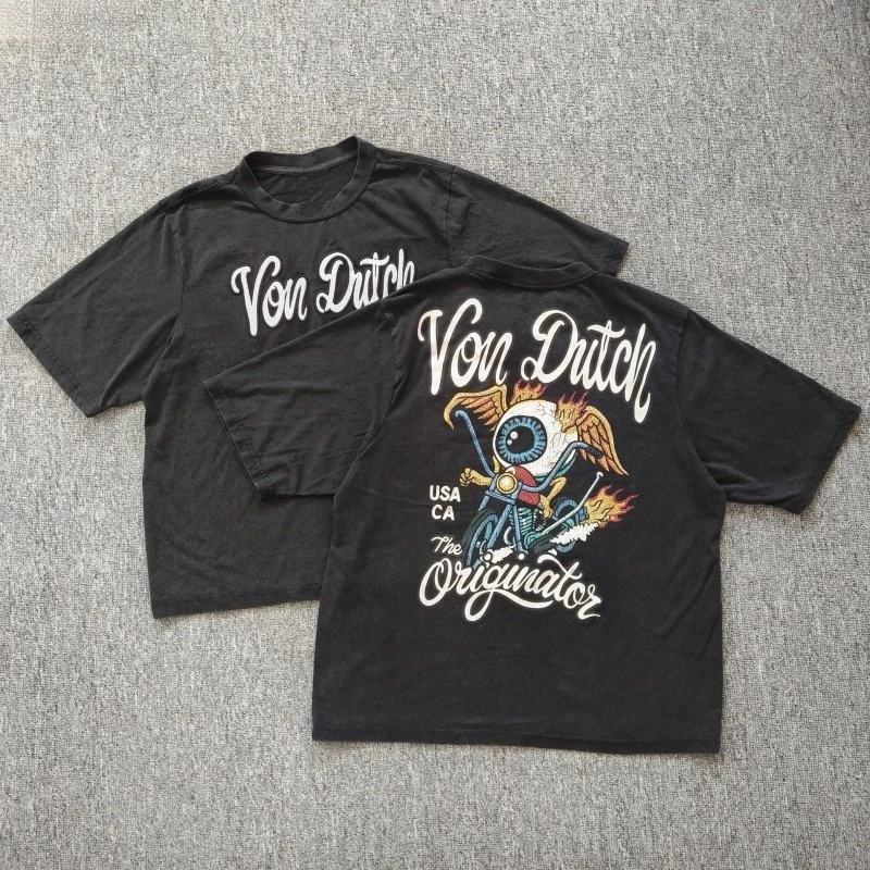 2026 Summer Vintage Cotton T‑Shirt For Adults Kids Retro Eyeball Motorcycle Flame Wing Print Loose Short Sleeve Street Tee