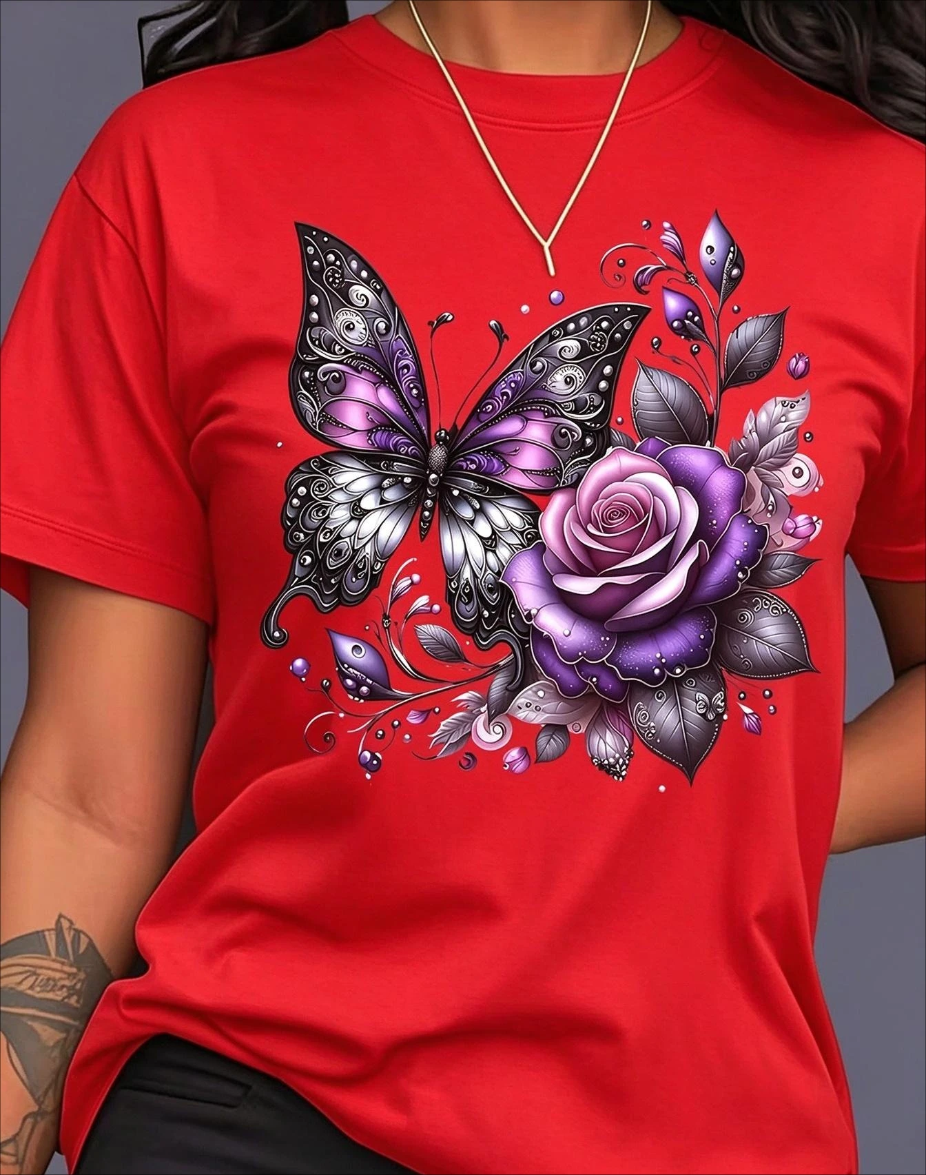 Harajuku Purple Butterfly Graphic Tees Women Fuchsia Flower Print Tshirt Dark Aesthetic Short Sleeve Casual Top Summer Clothing Female