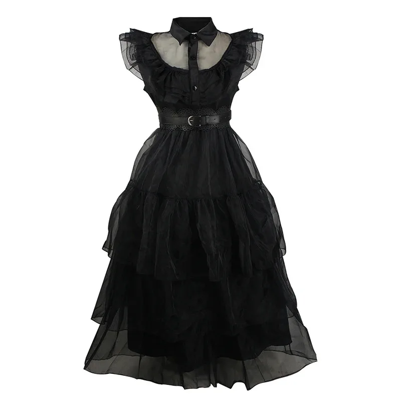 Halloween Carnival Gothic Costume Wednesday Addams Cosplay Black Dress for Girls Women Role Play Ball Party Suit Black Wig Belt