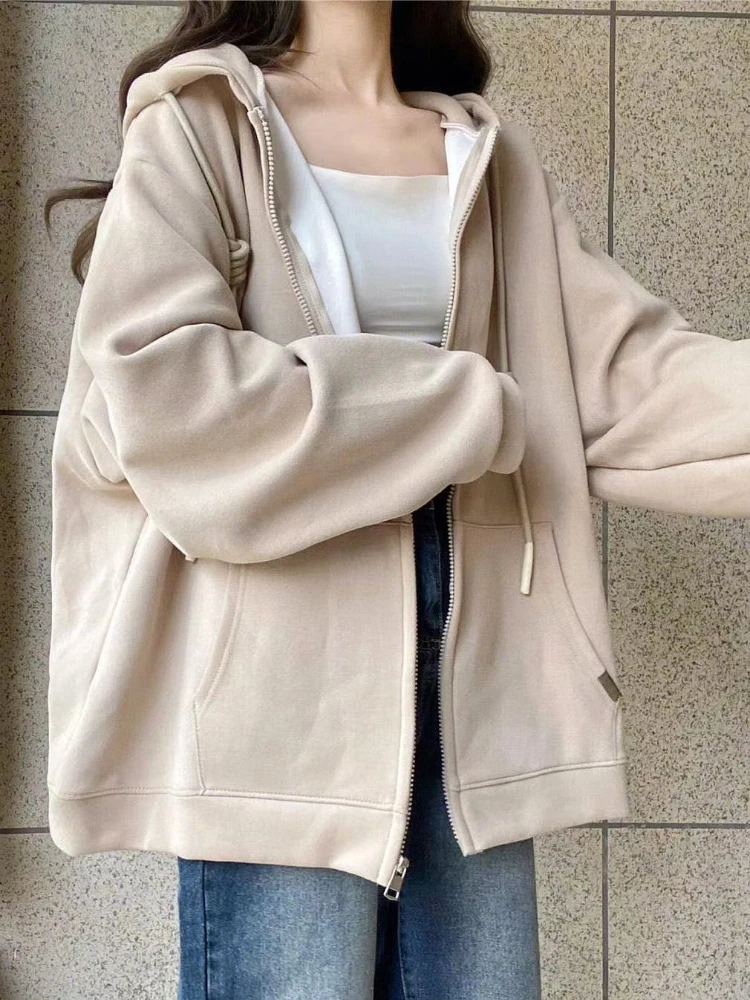 Women Zip Up Hoodie Fleece Lined Sweatshirt Loose Hooded Winter Warm Casual Streetwear Cardigan Outerwear