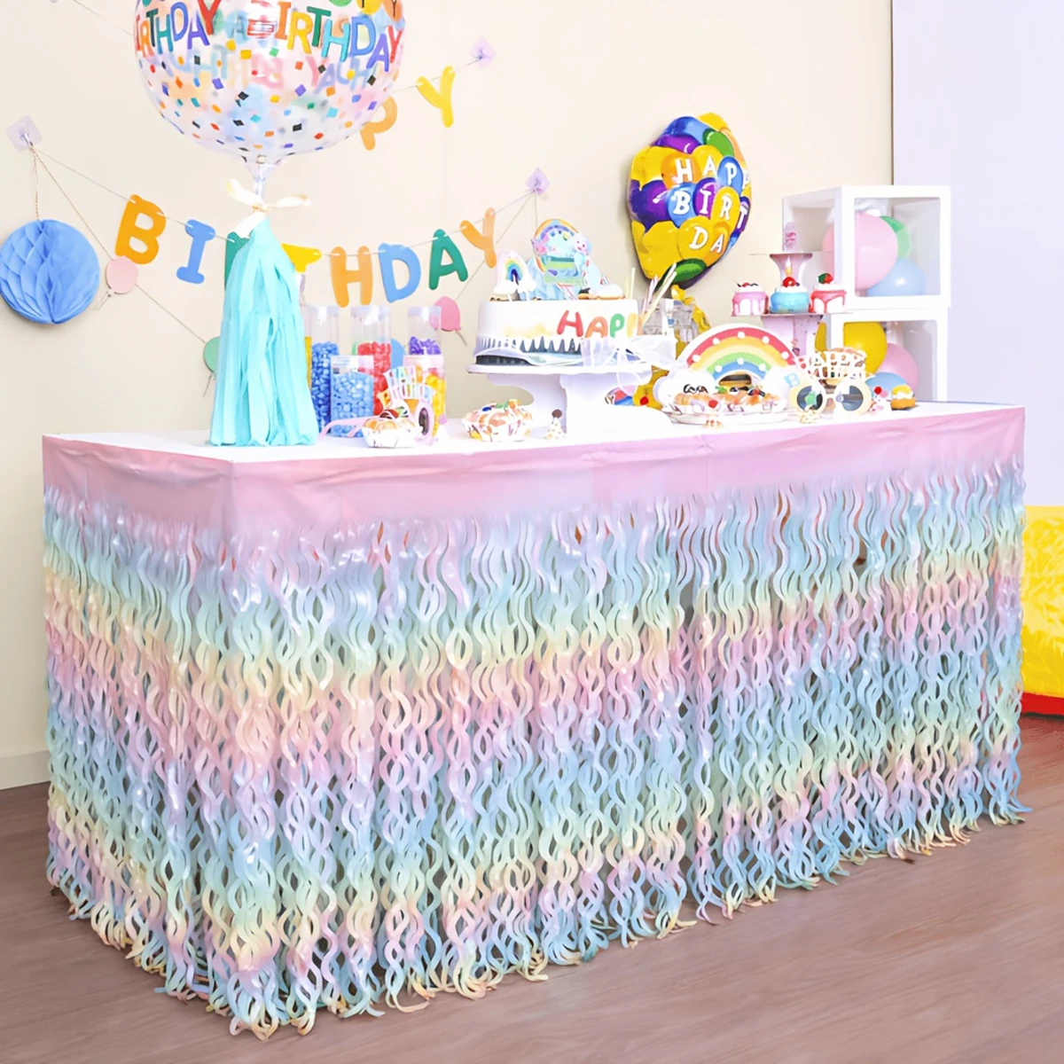 1PCS Rainbow Gradient Wave Disposable Table Skirt, Suitable for Decorating Tables at Birthdays Parties, Weddings, And Gatherings