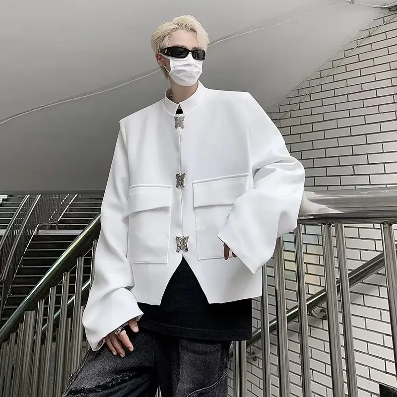 

New Chinese Sle Men's ort Pad oulder Suit Jaet White Workwear Stand Collar Cleanfit Jae Hip Haome High End Feeling