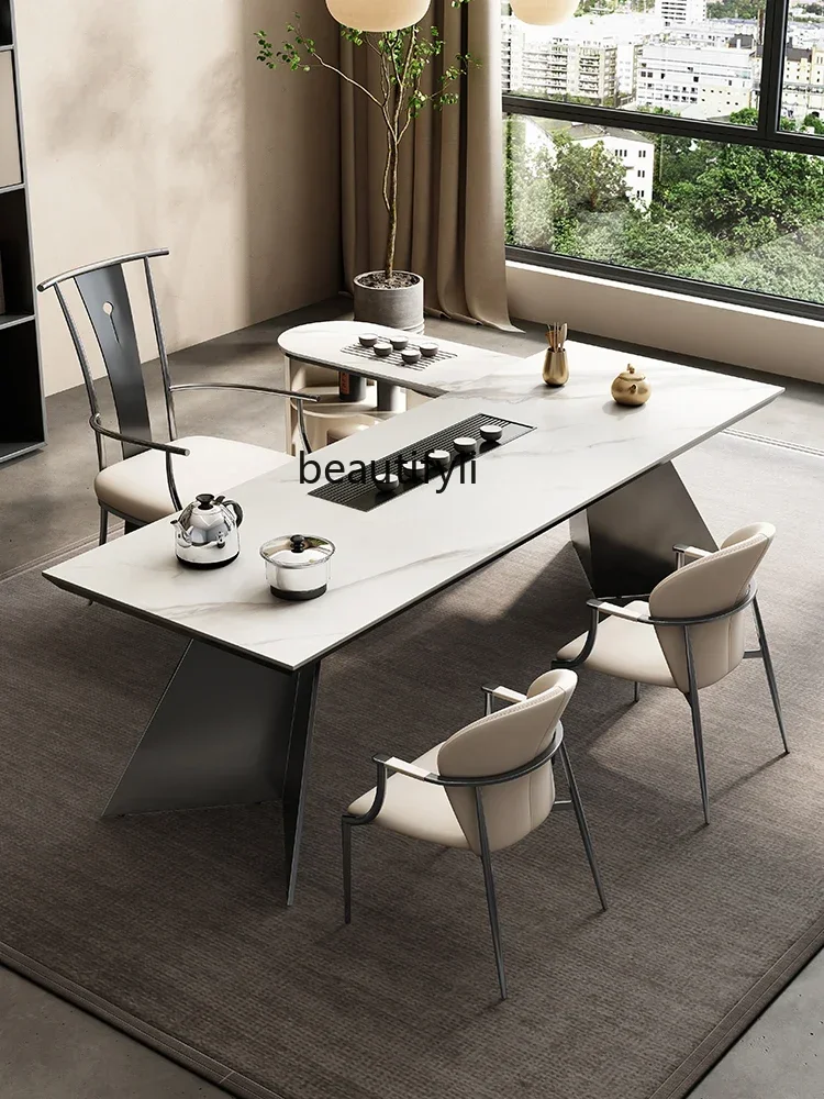

02 Italian Minimalist Stone Plate Tea Table Office Tea Making Table Modern Simple and Light Luxury Table-Chair Set