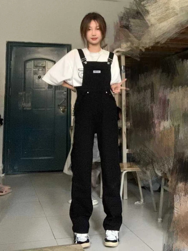 Black Jumpsuits Women Preppy Style Vintage Sweet Leisure Ulzzang Full Length Streetwear Gentle Harajuku Denim Overalls All-match