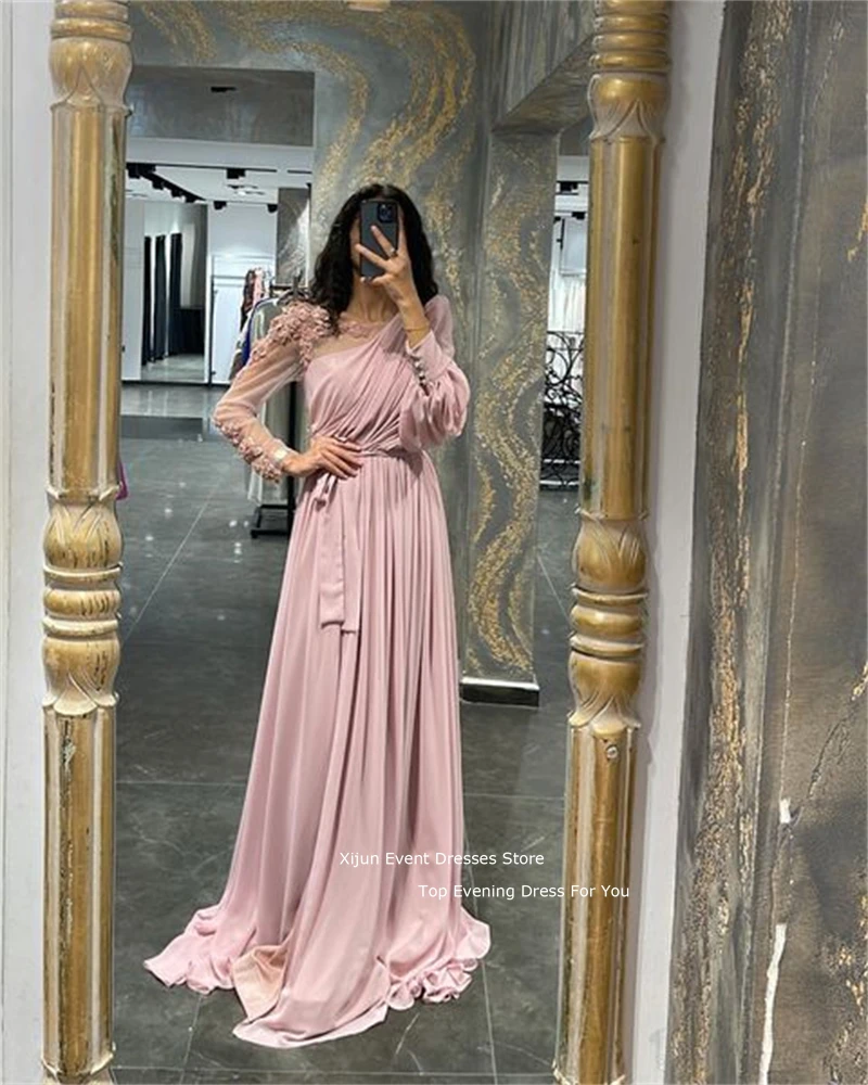 Romantic A Line Evening Dress Chiffon Prom Gown Pink Flower Lace Appliques Elegant V Neck Prom Dress Floor Length Formal 2022