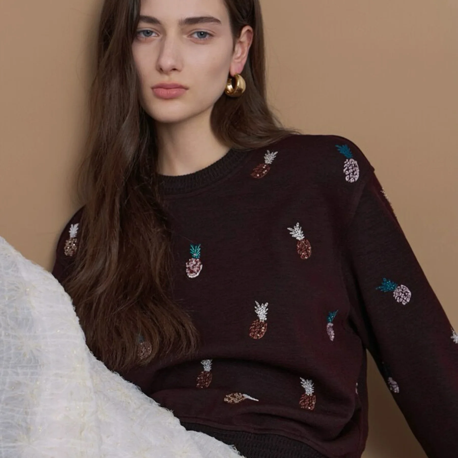 

Lemon Cheese LAN25 Осенний вязаный свободный винтажный универсальный трикотаж с тяжелой вышивкой из сосны, длинный круглый топ