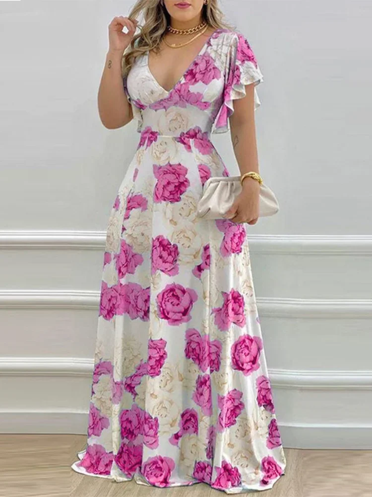 

Women Casual Floral Print Maxi Dress Chic V-neck Flared Sleeve Waist Cinching Slim Long Dresses 2026 Lady Party Vacation Gowns