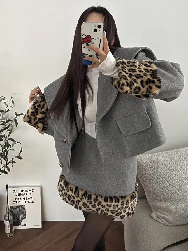 

East Gate Leopard Print Color Blo oulder Wrap Collar Cotton Woolen Coat Slim Fit Skirt Set Women's Faion Winter Ou...