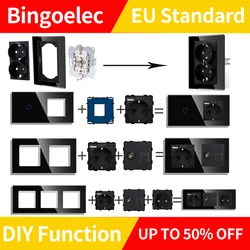 EU Standard Wall Socket with USB Type-C RJ45 CAT6 TV /ST Socket Parts Mechanical Button Switch Glass Single Double Socket Frames