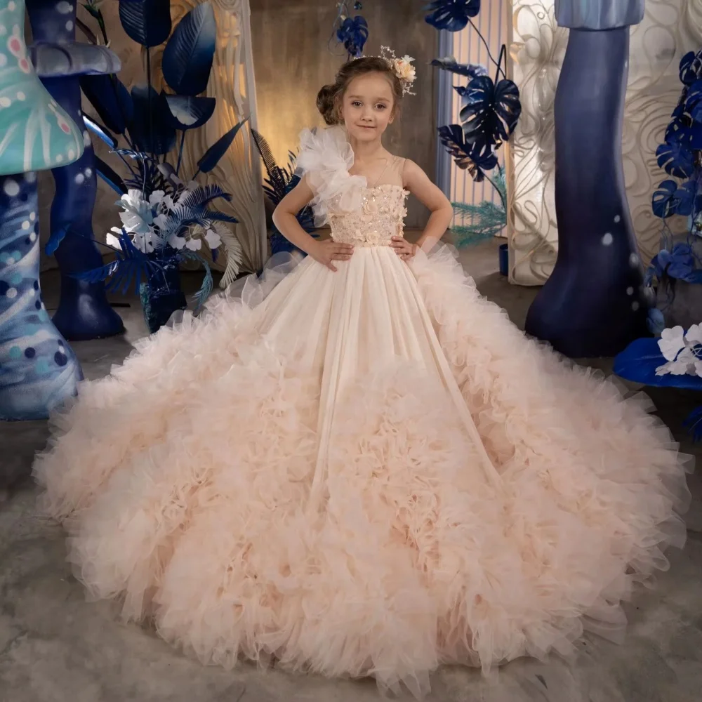 

Blush Pink A-Line Flower Girl Dresses Wedding Puffy Sequin Appliques Tiered Sleeveless Kids Birthday Gowns Luxury Princess Dress