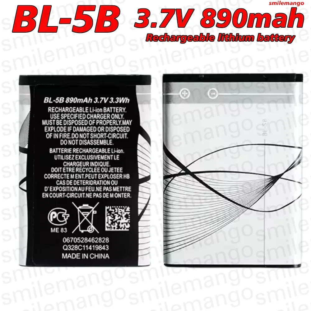 Batería BL 5B de 890 mAh y 3.7 V, Baterías de Litio para Teléfonos Móviles Nokia 5300, 5320, 5500, N80, N90, 7360, 3230, 5070, 3220, 6120c, Celda Bl5b