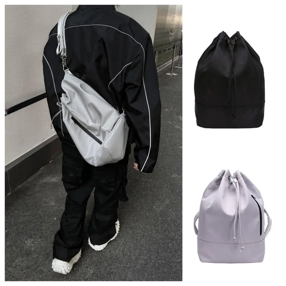 Personalized Unique Backpack Men Dual Purpose Metallic Luster Bucket Bag Drawstring Solid Color Crossbody Bag Street Photo