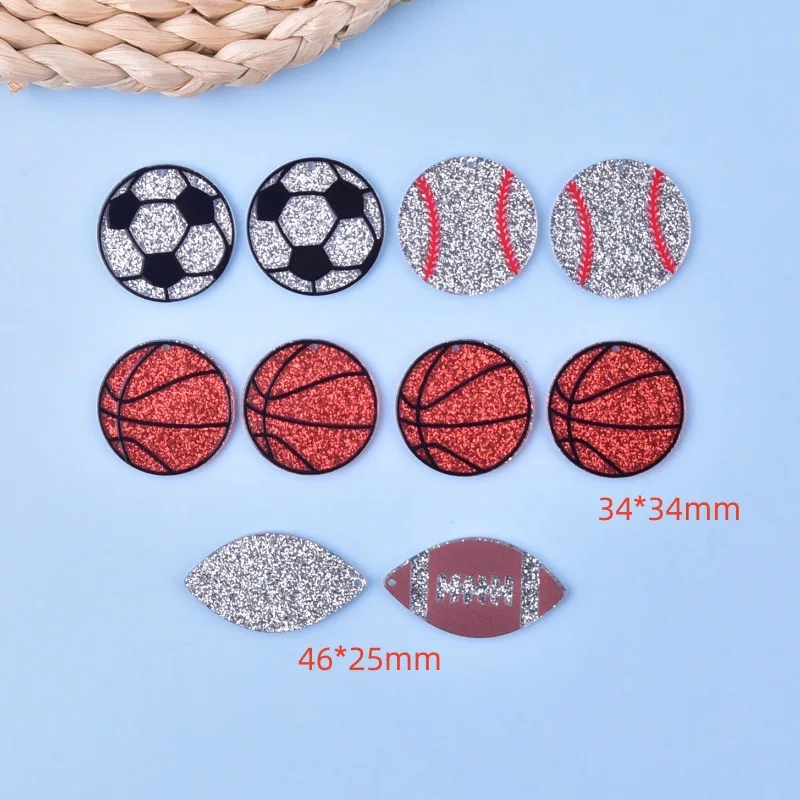 Glitter Acrylic Basketball Football Baseball Charm Flat Back Epoxy Sport Pendant for DIY Earrings Jewelry Making 5PCS