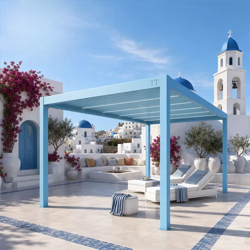 Motorized Louvered Pergola, Waterproof Aluminum Patio Cover with Powder-Coated Frame for Hotels, Decks & Terraces