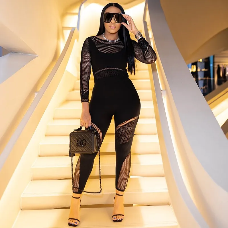 

Sexy Lace Hollow out Ultra-Thin Bridesmaid One-Piece Suit Long Pants High Waist Commute Sle Polyester Fabric Winter Collection