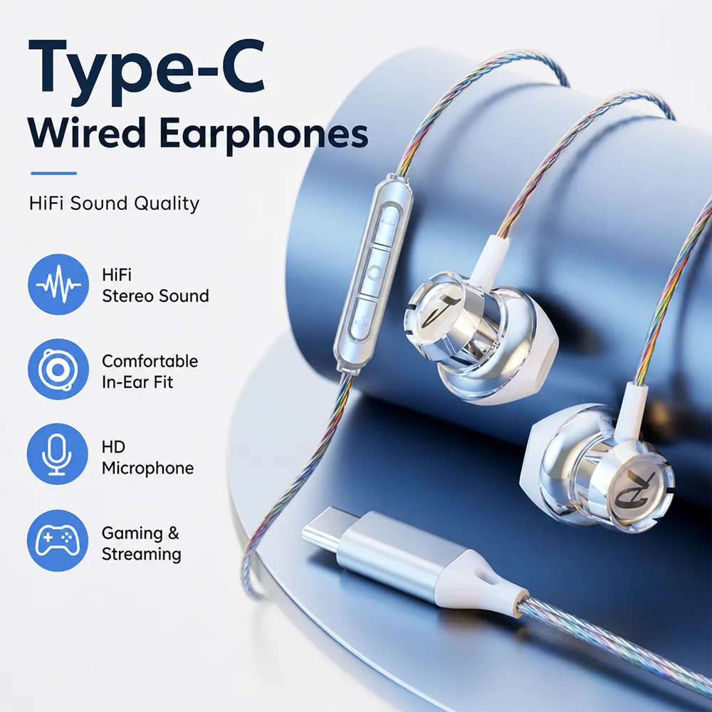 Mi Tablet Accessories - USB Type-C接続の有線イヤホン。3.5mm端子付き。HiFiステレオサラウンドサウンド。Samsung Galaxy、iPhone 17、16、15 Pro、Airに対応。