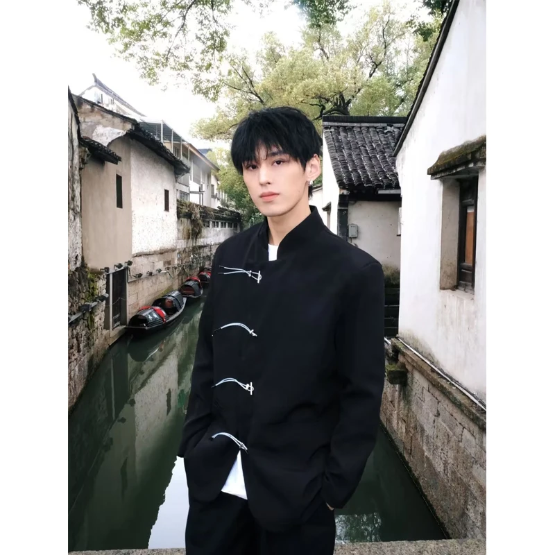 

New Chinese Sle Men's Jaet Metal Button Stand Collar Trendy Brand Faionable Youth Polyester Fiber Spring Autumn Wear