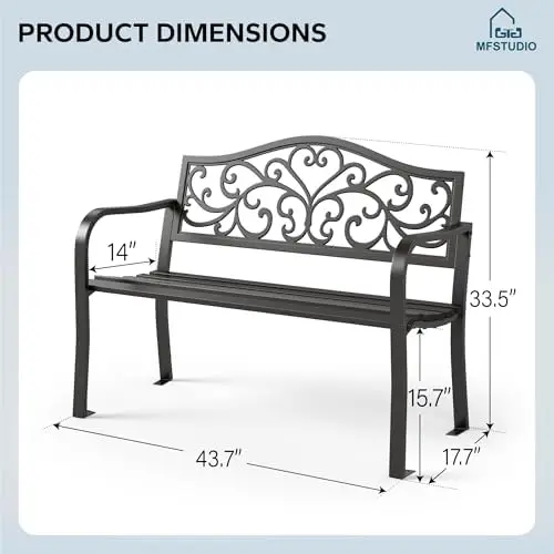 43.7 Inches Cast Iron Outdoor Garden Bench, Floral Backrest, Black | E-Coating Anti-rust Finish, Weatherproof Outdoor