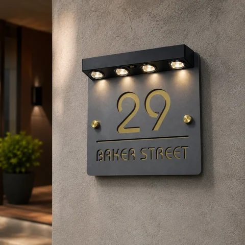 Solar LED House Number Sign, Matt Grey Anthracite Personalised Address Plaque, Illuminated Door Outdoor Wall Signs 180mm X 180mm