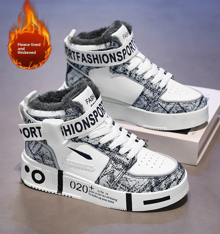 Thickened Winter High-Top Men's Shoes Warm Cotton Sports Casual Board Shoes with Long Fur Inner  for Youth And Teens