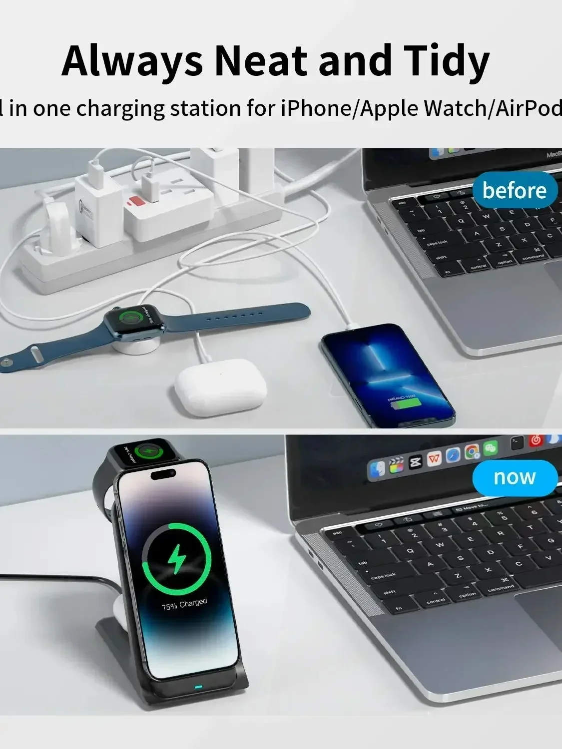 KPON 3 in 1 Wireless Charger Stand Fast Charging Station Dock For iPhone 16/15/14/13 Pro Max Apple iWatch 9/8/7/6/5 Airpods 3/2 image 3