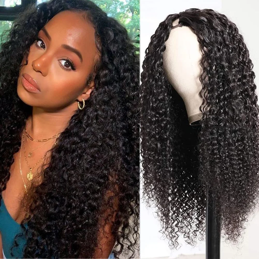 V Part Wig Human Hair No Leave Out Upgrade U Part Human Hair Wig For Women 180% Curly V Part Wig Thin Part Kinky Curly Half Wig