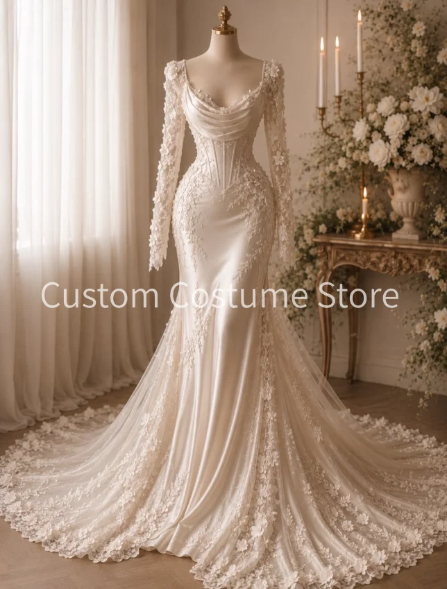 Ivory Princess Mermaid Wedding Dresses Crochet Lace Floral Long Sleeve Holiday Garden Bespoke Bridal Gown Outfit Corset top