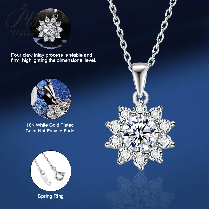 � ​ Sonnenblumen-Ohrstecker, Anhänger-Halskette, Moissanit-Schmuckset, stapelbar, S925 Sterling Silber, mehrfarbig, hypoallergene Charms – Detail 7
