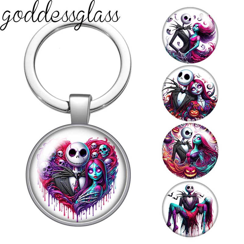 The Nightmare Before Christmas Jack Sally Halloween Photo Glass Cabochon Keychain Bag Car Key Chain Ring Holder Charms Gift