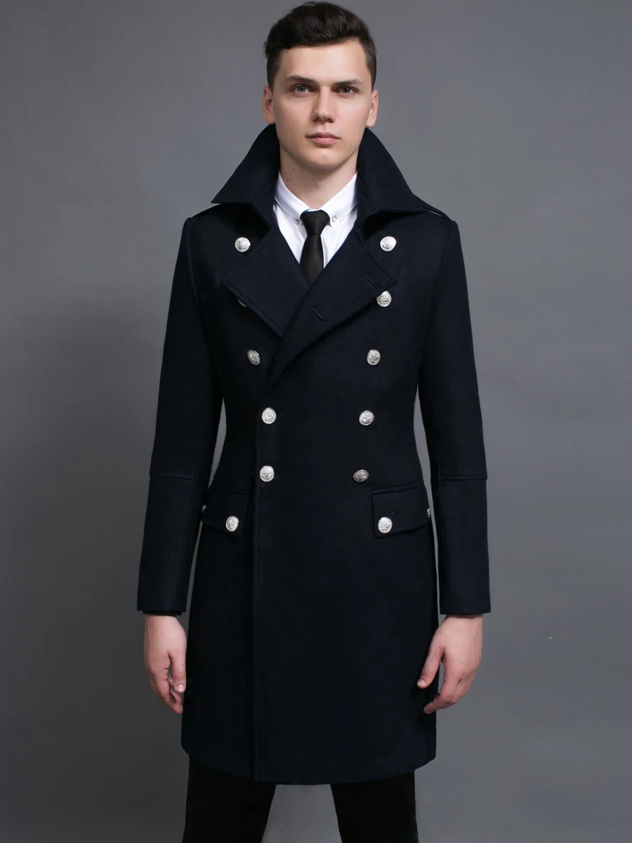 

Long Woolen Coat Men's Double Row Vintage Military een Large Size Faionable Urban Winter Warm Flap ket Stand Fit