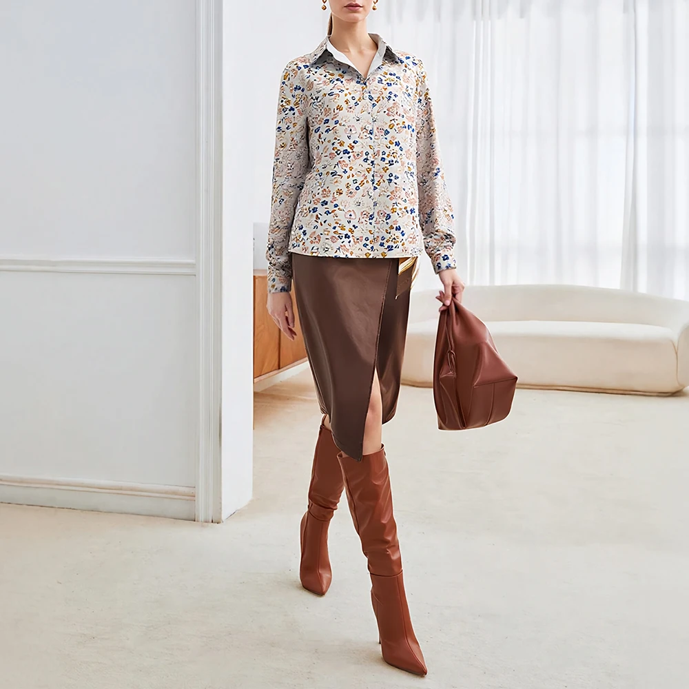 

Mia Muse Women's Shirts Autumn Elegant Floral Full Print Single Breasted Button Cuff Sleeve Shirt Collar Basics Shirts