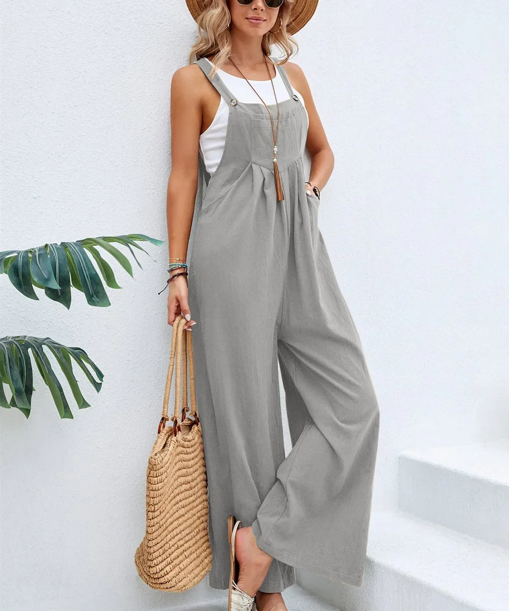 Women\'s Solid Sleeveless Dungaree Casual Jumpsuit Overalls Bibs Loose Long Pants Romper Plus Size High Quality Clothings 2023