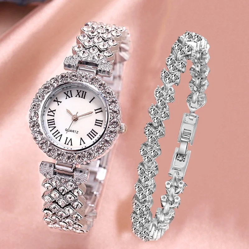 2PCS/Set Women\'s Watch Fashion Rhinestone Roma Dial Quartz Watches Stainless Steel Band Wrist Watch Bracelet Set