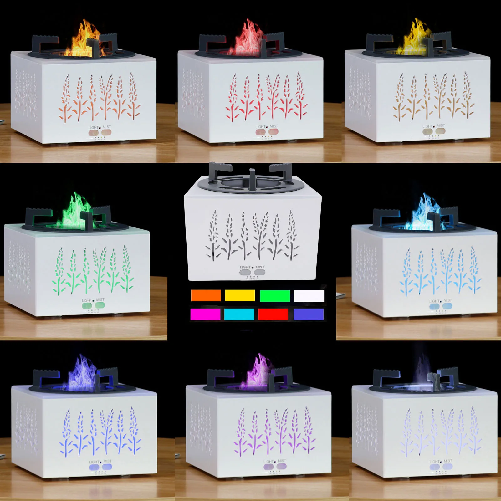 Difusor de aromaterapia 3 em 1 design multifuncional silencioso colorido luz ambiente chama perfume umidificador de ar para casa