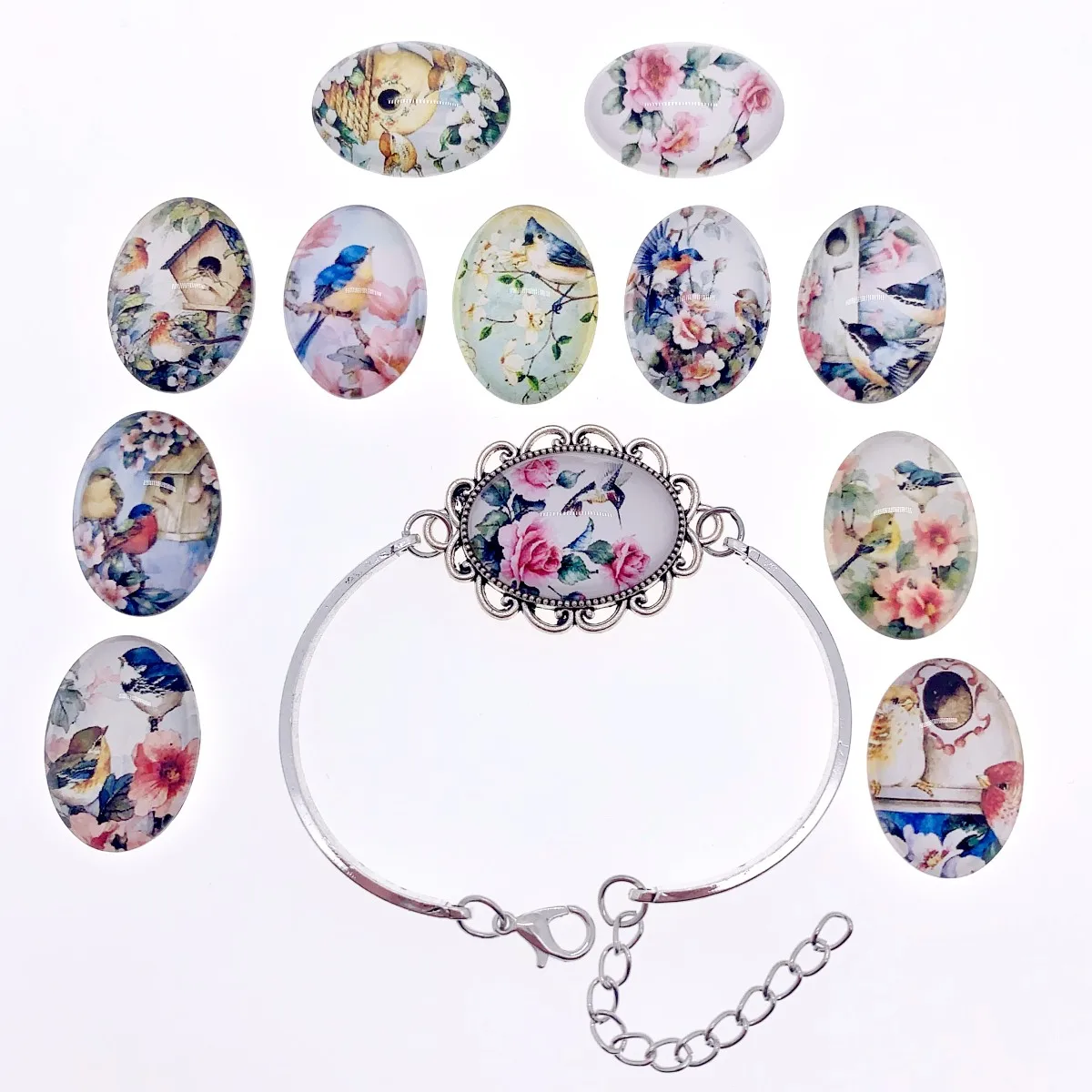 Onebeading 18x25mm Random Mixed Flower Bird Oval Glass Cabochons With Flatback Photo Dome Jewelry Pendant base 20pcs K05397