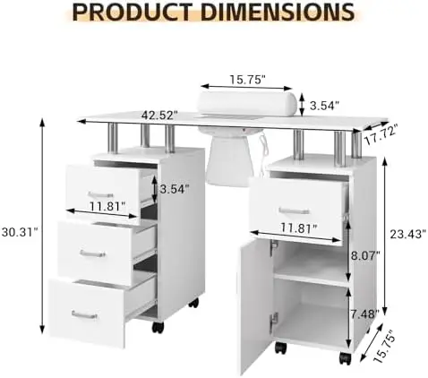 Manicure Table for Nail Tech - Professional Nail Desk Station w/Electric Dust Collector, Acetone Resistant MDF Top, 8