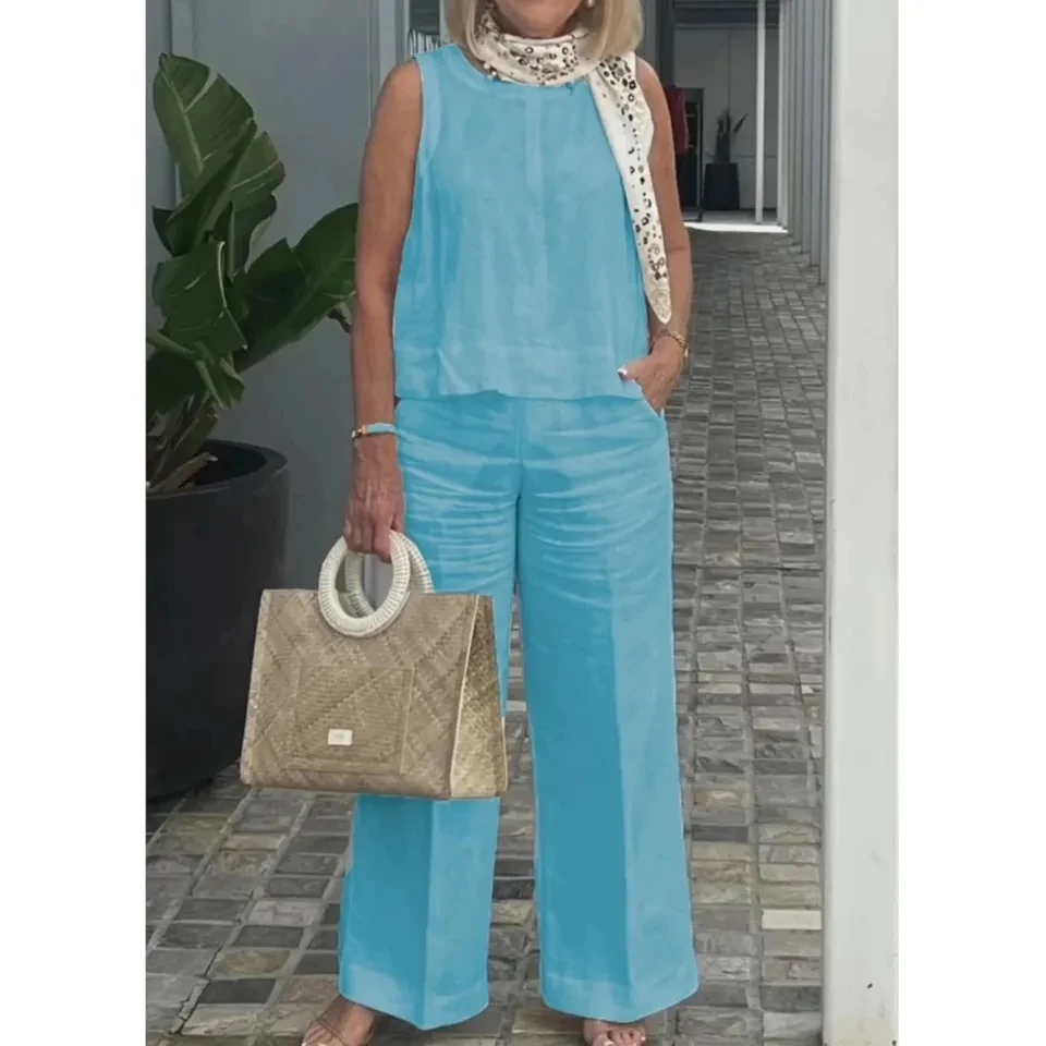 

Spring Summer Cotton Linen Solid Color Sleeveless Vest Top Women Pants Suit Casual Pocket Elegant Female Office Retro 2Piece Set
