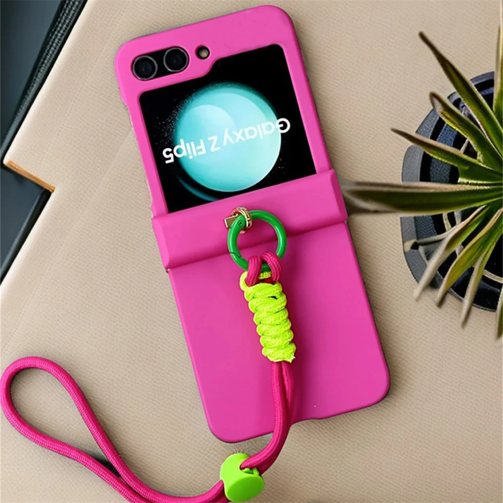 Cute Korean Portable Adjustable Hand Strap RosePink Simple Solid Color Case For Samsung Galaxy Z Flip 6 Flip5 Flip4 Flip3 Cover