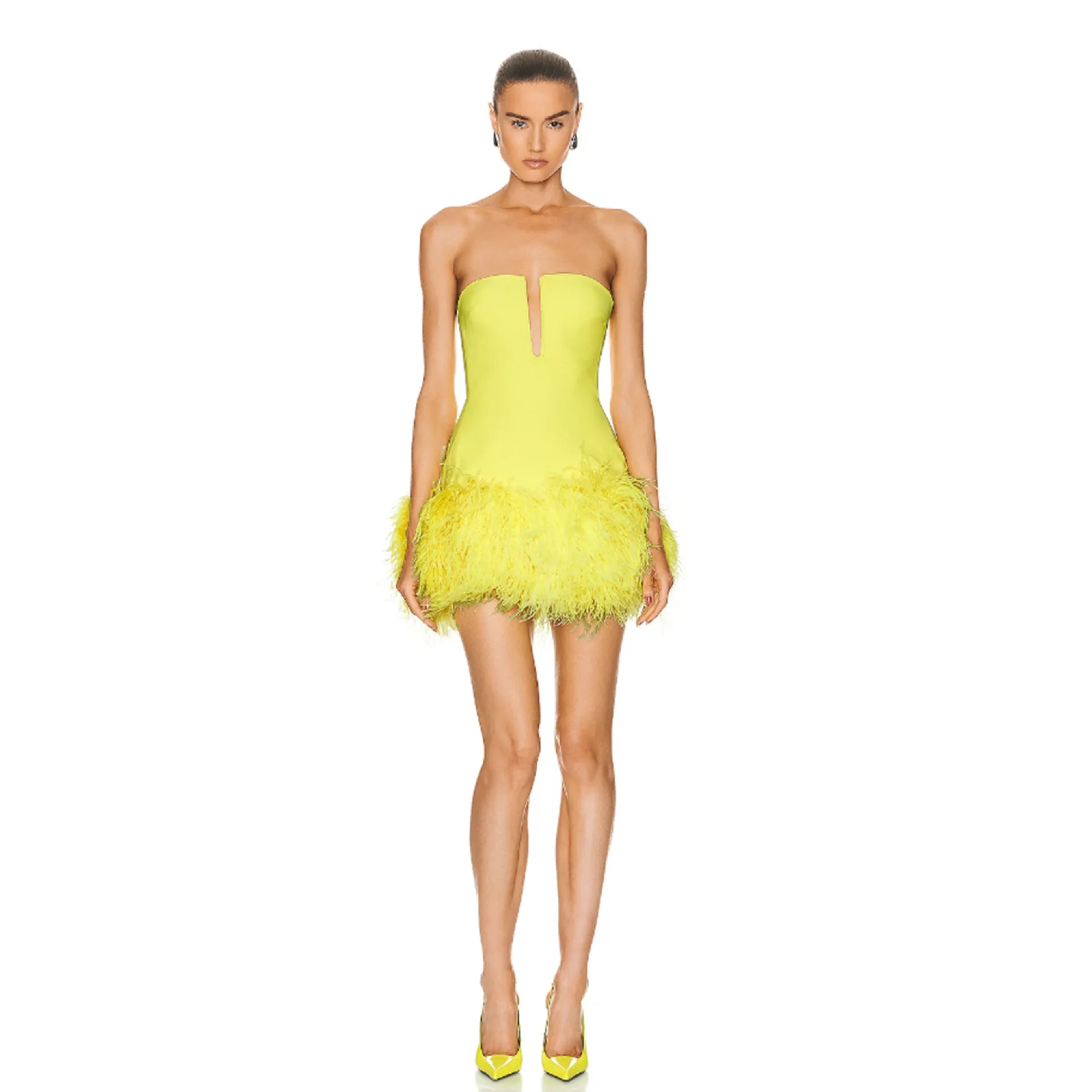 

New Arrival Yellow Black Color Women Sexy Strapless Feathers Bodycon Mini Bandage Dress Fashion Celebrate Birthday Party Dress