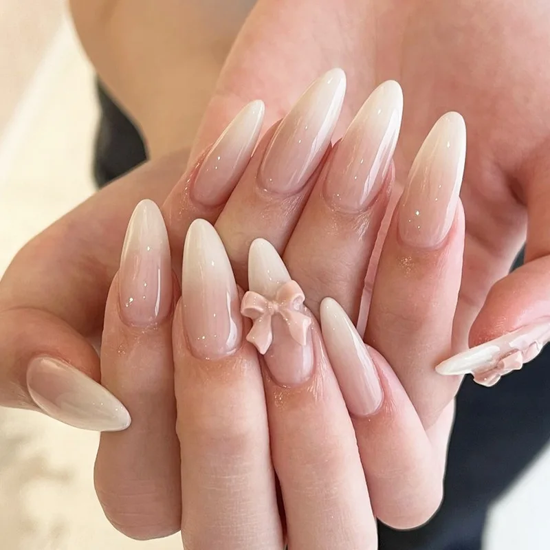 

24pcs Pure Handmade Almond Reusable Wear Nails-Peach White Gradient French Bow Accents Glossy Finish False Nails for Daily Wear