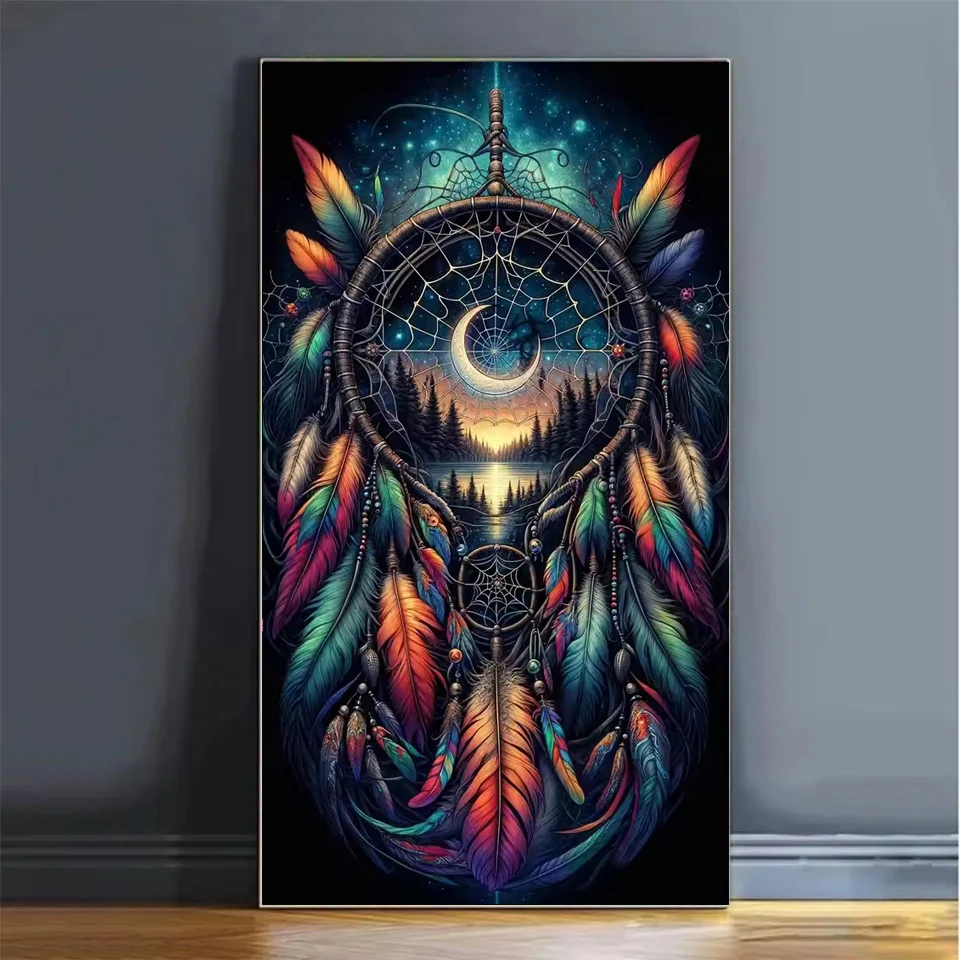 Diamond Painting Art DIY Colorful Dream Catcher Feather Diamond Embroidery Kit Wolf Square Round Mosaic Rhinestone Cross Stitch