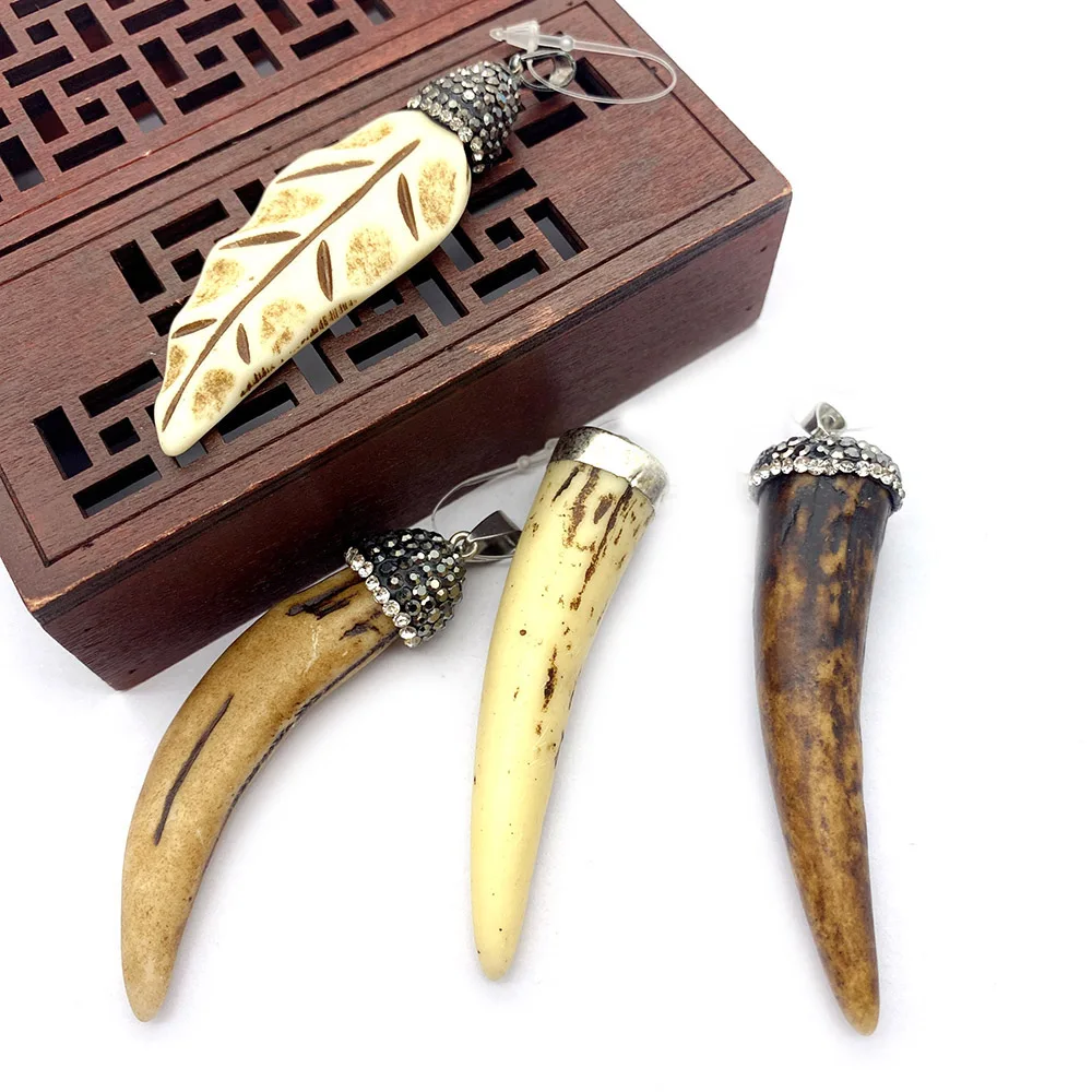 1pcs Natural Stone Resin Cow Bone Pendant Leaf-shaped Horn Coffee Brown Rhinestone DIY Making Necklace Fashion Jewelry 15-69mm