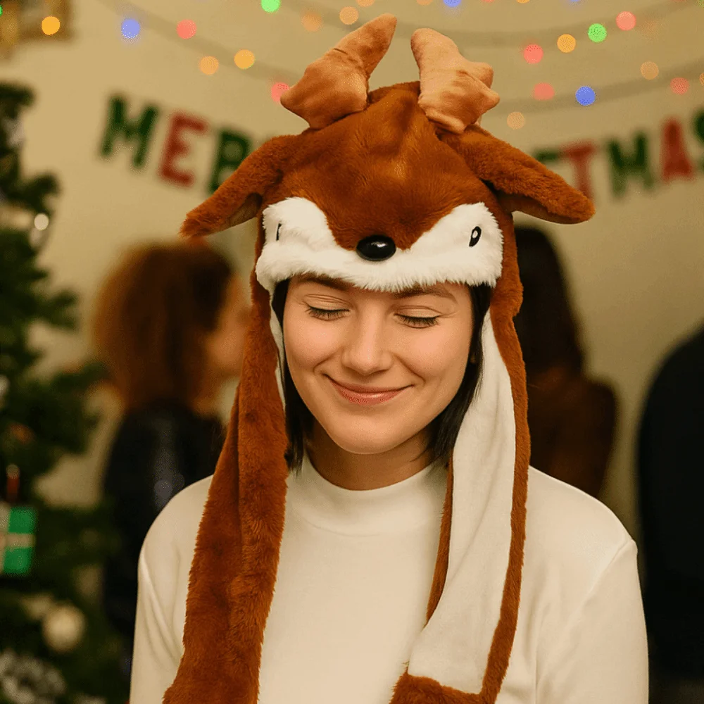 

Cartoon Christmas Party Hats Thickened Keep Warm Santa Reindeer Party Headdress Jumping Up Ears Plush Hats Aldult