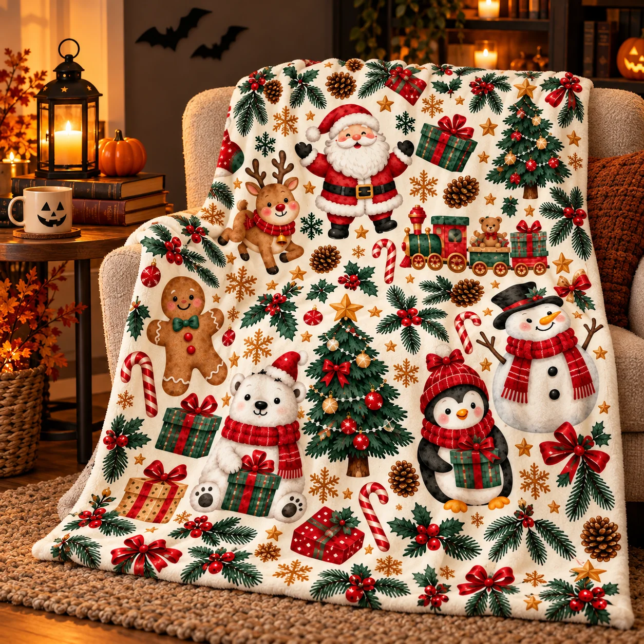 Santa Snowman Penguin Reindeer Print Blanket, Soft Warm Throw for Sofa, Air-conditioned Room, Ideal Christmas Home Decor