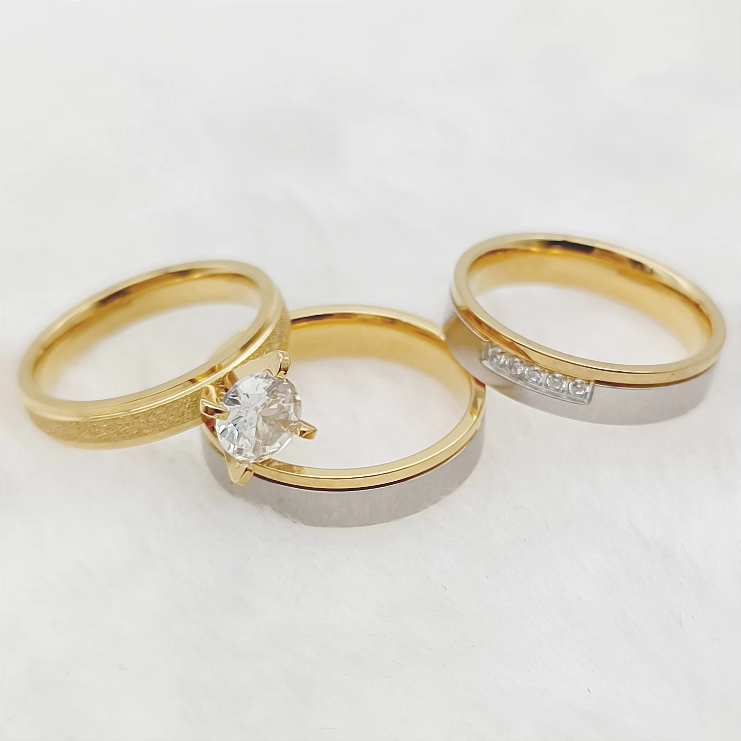 Western Married Wedding Day 3pcs Lovers Engagement Rings Sets For Husband and Wife Alliances Gold Color Ringe