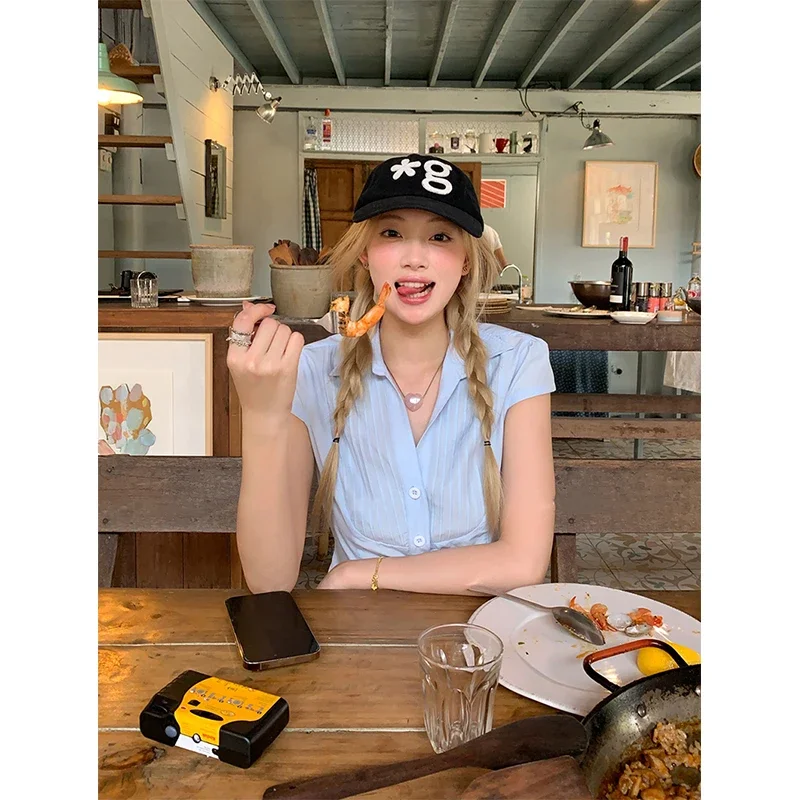 قمصان هاراجوكو صيفية جديدة للسيدات بلوزات كورية عصرية بأشرطة على شكل فيونكة وأكمام قصيرة غير رسمية قطع علوية Y2k ضيقة