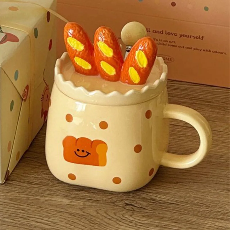 Creative Ceramic Mug Baguette Decorative Cup Lid Cute Cartoon Toast Baguette Pattern 420ml Large Capacity Exquisite Coffee Cups