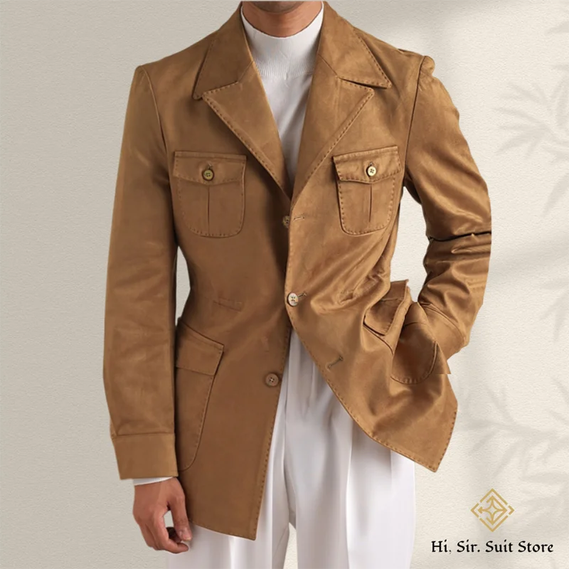 

Hunting Jacket With Lapel Collar Men's Vintage-Style Faux Suede Blazer Fashionable Casual Italian Slim Fit Trendsetter Safari