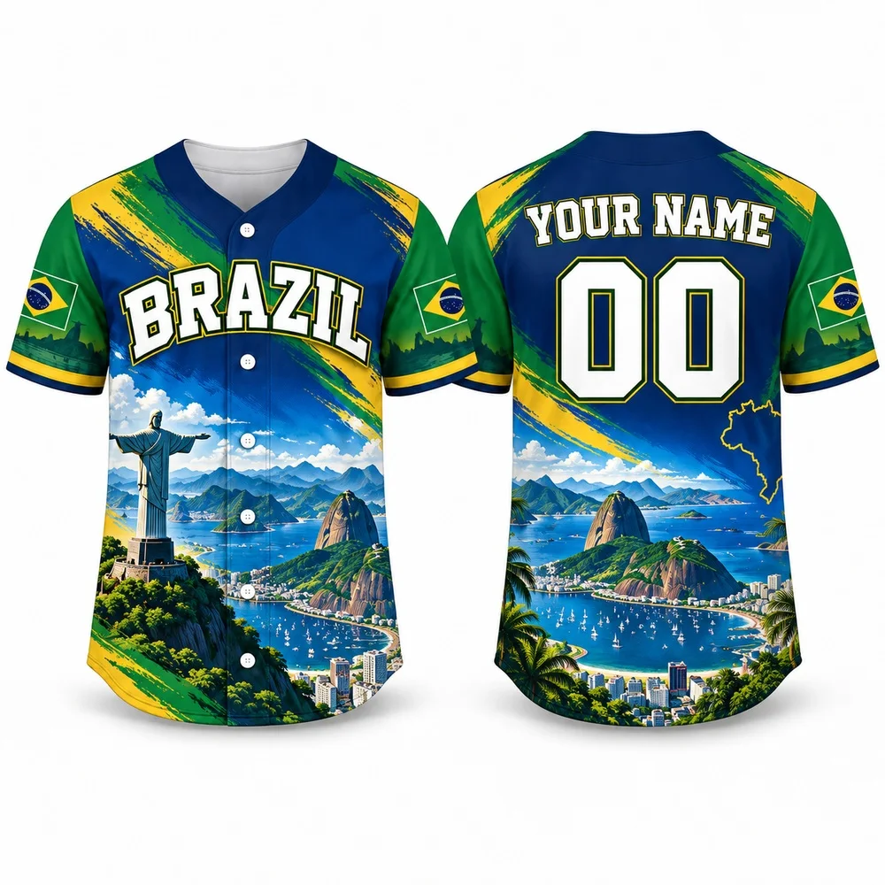Brazil Flag Palette Shirts with Tropical Art Baseball Jersey Custom Name Number Green Yellow Jerseys Shirt for Men Women
